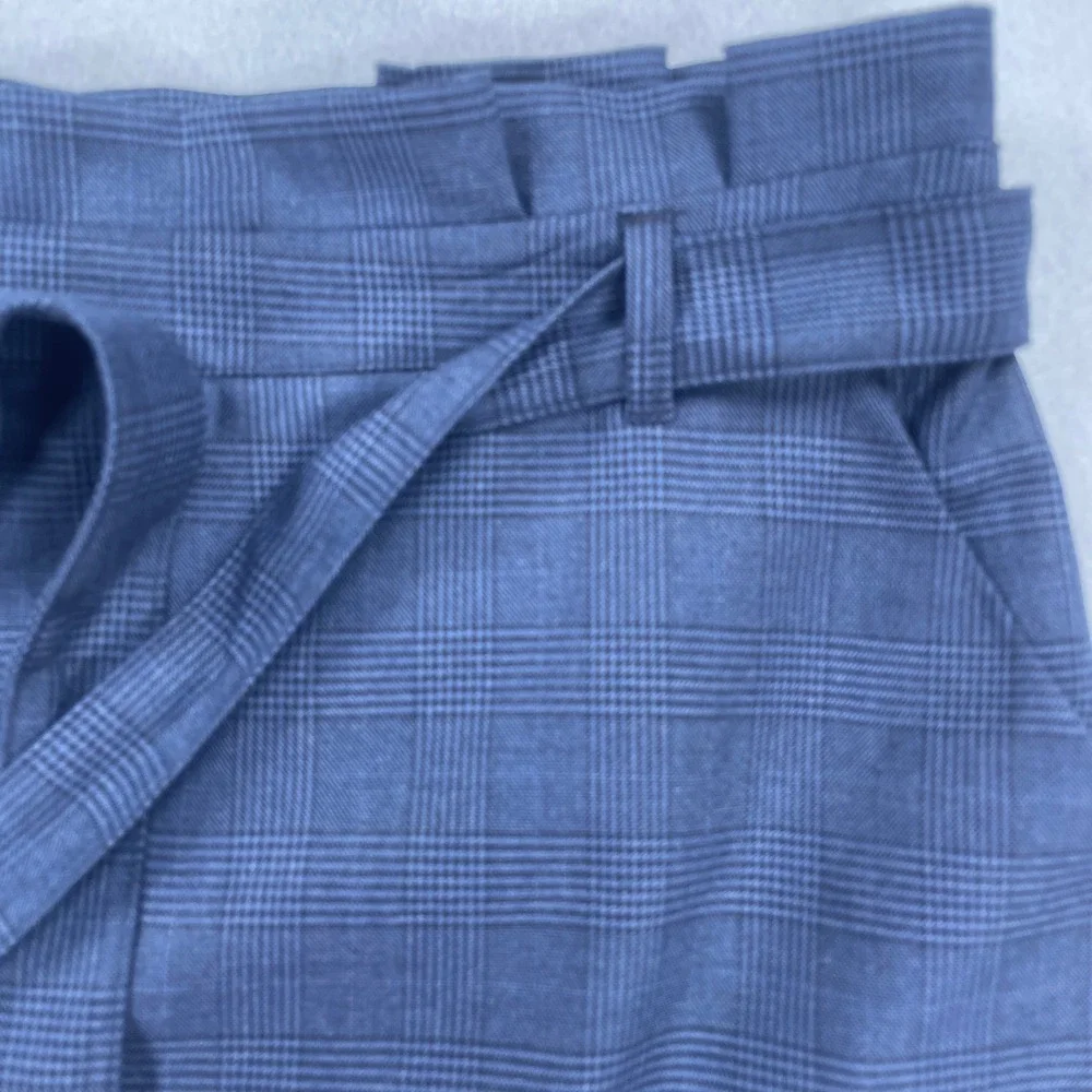 Blue Glen Plaid Paper Bag Waist Pencil Skirt with Belted Tie and Back Vent